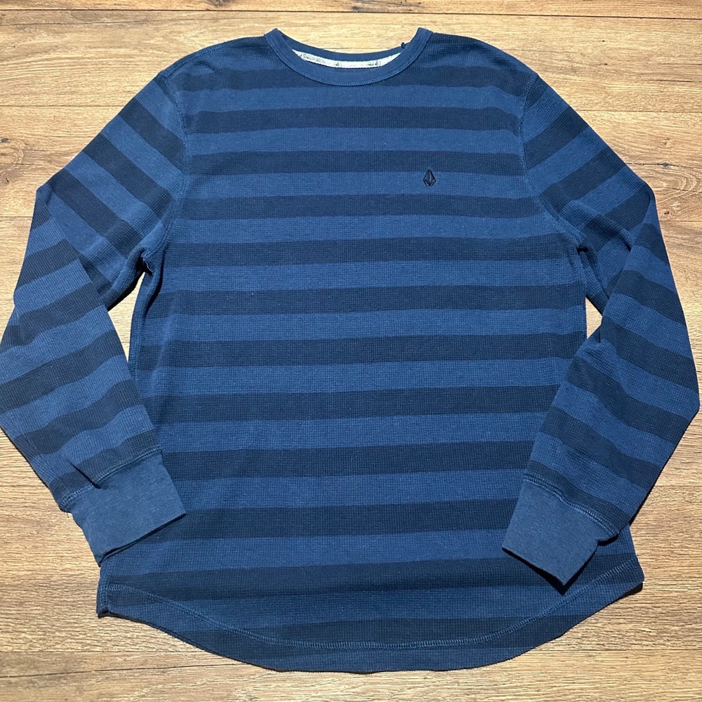Volcom Thermal Shirt Mens XL Blue Striped Long‎ Sleeve Waffle Knit Crewneck